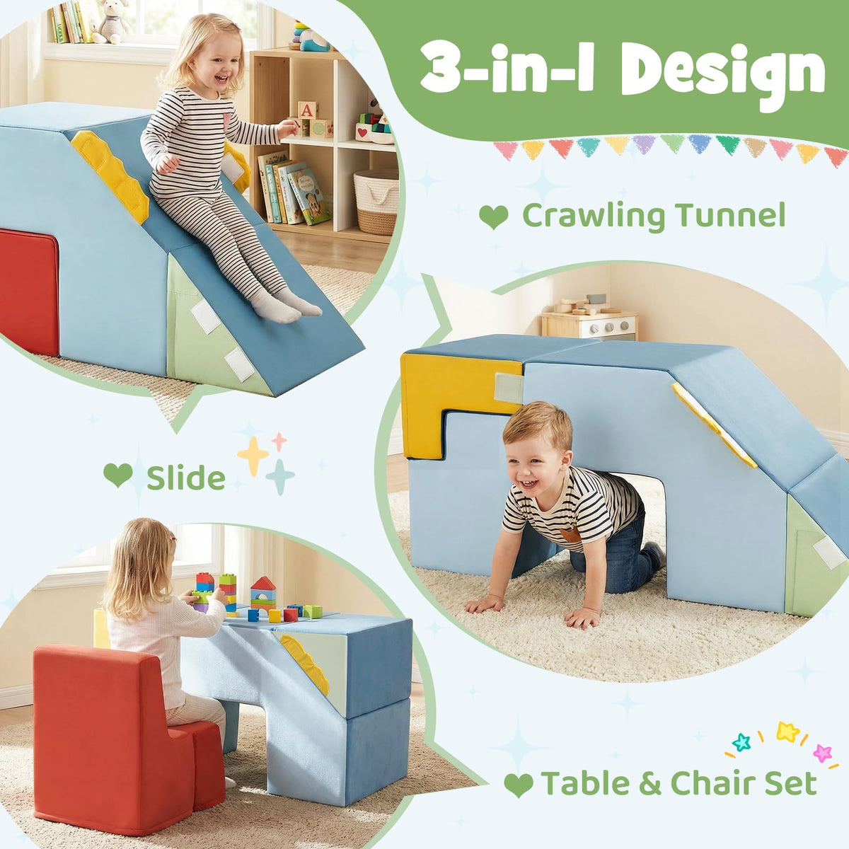 Kids Climb & Crawl Playset, Toddler Climber with Slide & Stairs, Soft Foam Blocks