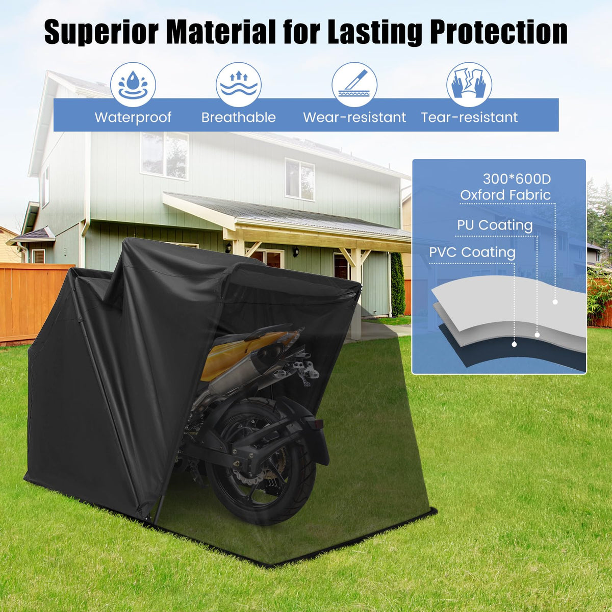 Motorcycle Storage Shed, 136 x 54 x 75 in Outdoor Motorcycle Tent Shelter Hard Shell