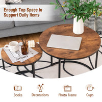 Giantex Set of 2 Round Nesting Coffee Table, Compact Stacking Side Tables w/ Wooden Tabletop & Powder-coated Steel Frame