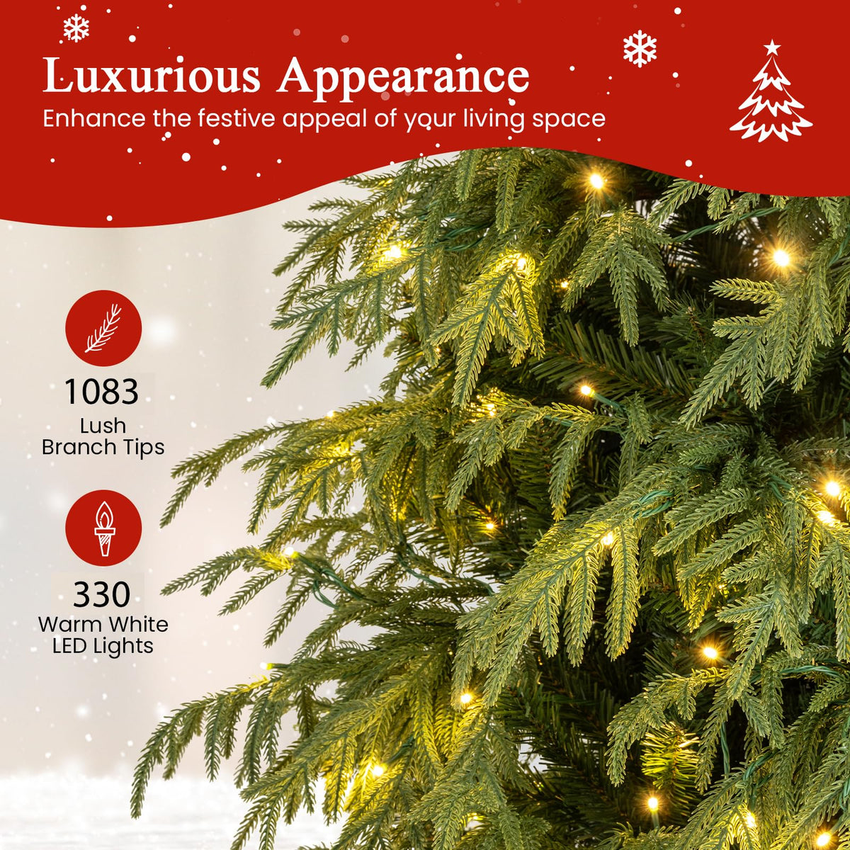 Pre-Lit Artificial Christmas Tree with 1083 Soft TPE and PVC Mixed Branch Tips