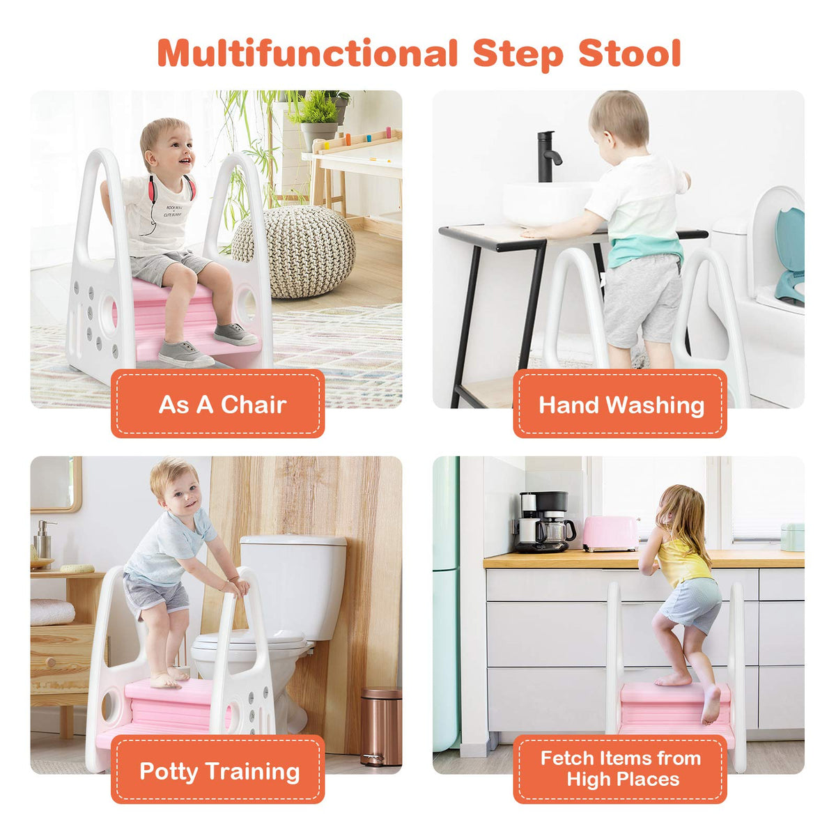 Kids Step Stool, Toddler Step Ladder with Safety Handles & Non-Slip Steps