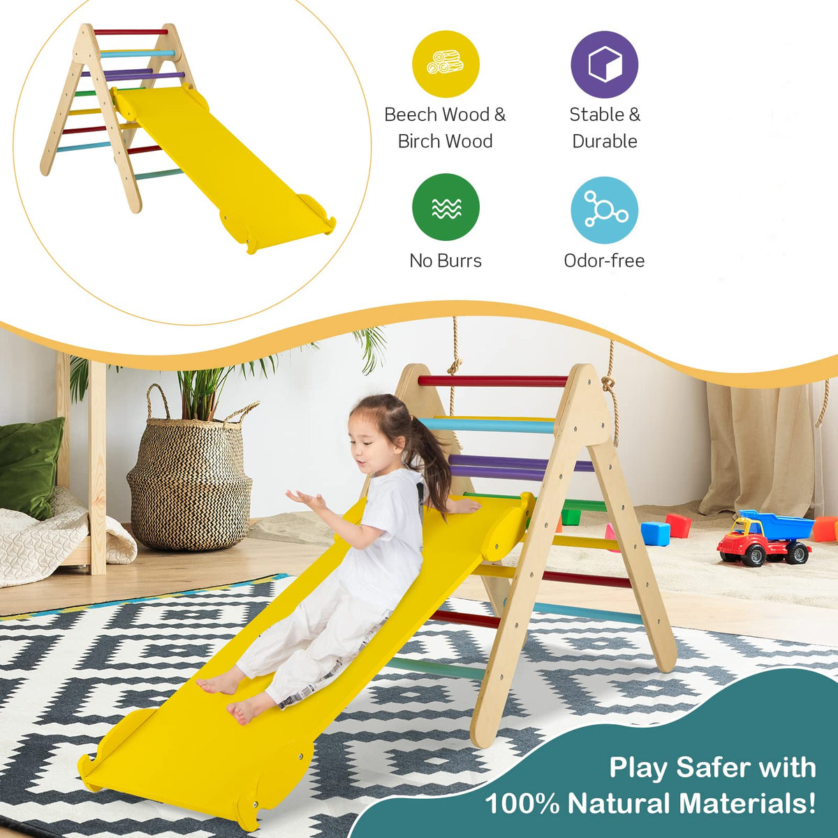 Wooden Climbing Triangle Ladder for Toddlers, 3 in 1 Pikler Triangle Climber with Reversible Ramp for Climb & Slide