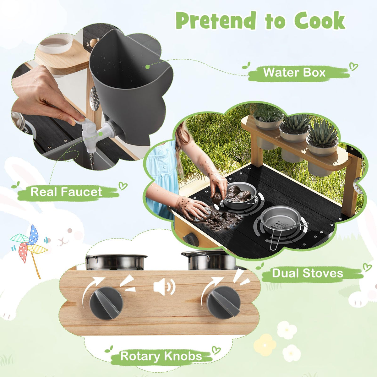 Outdoor Fir Wood Play Kitchen w/Blackboard, Planting Pots, Sink