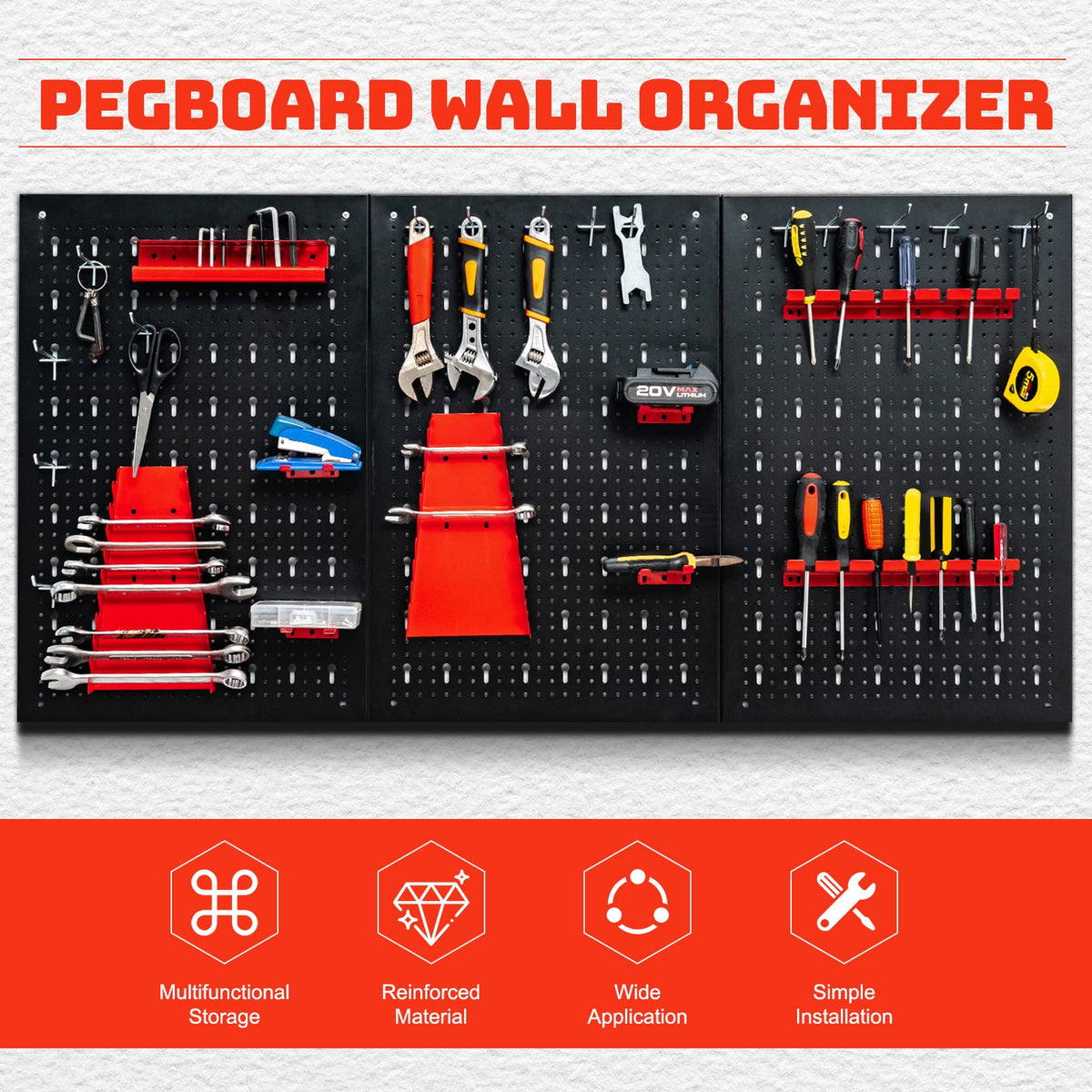Costway 3PCs Pegboard Wall Organizer Board Kit Metal Toolboard Wall Hanging Rack w/25 Accessories Kitchen Garage