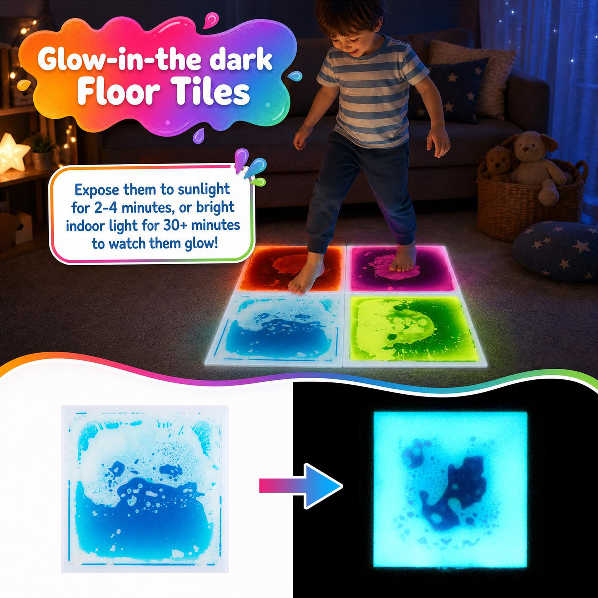 4-Pack Glow-in-the-Dark Liquid Sensory Floor Tiles 30 x 30 CM for Toddlers with Autism