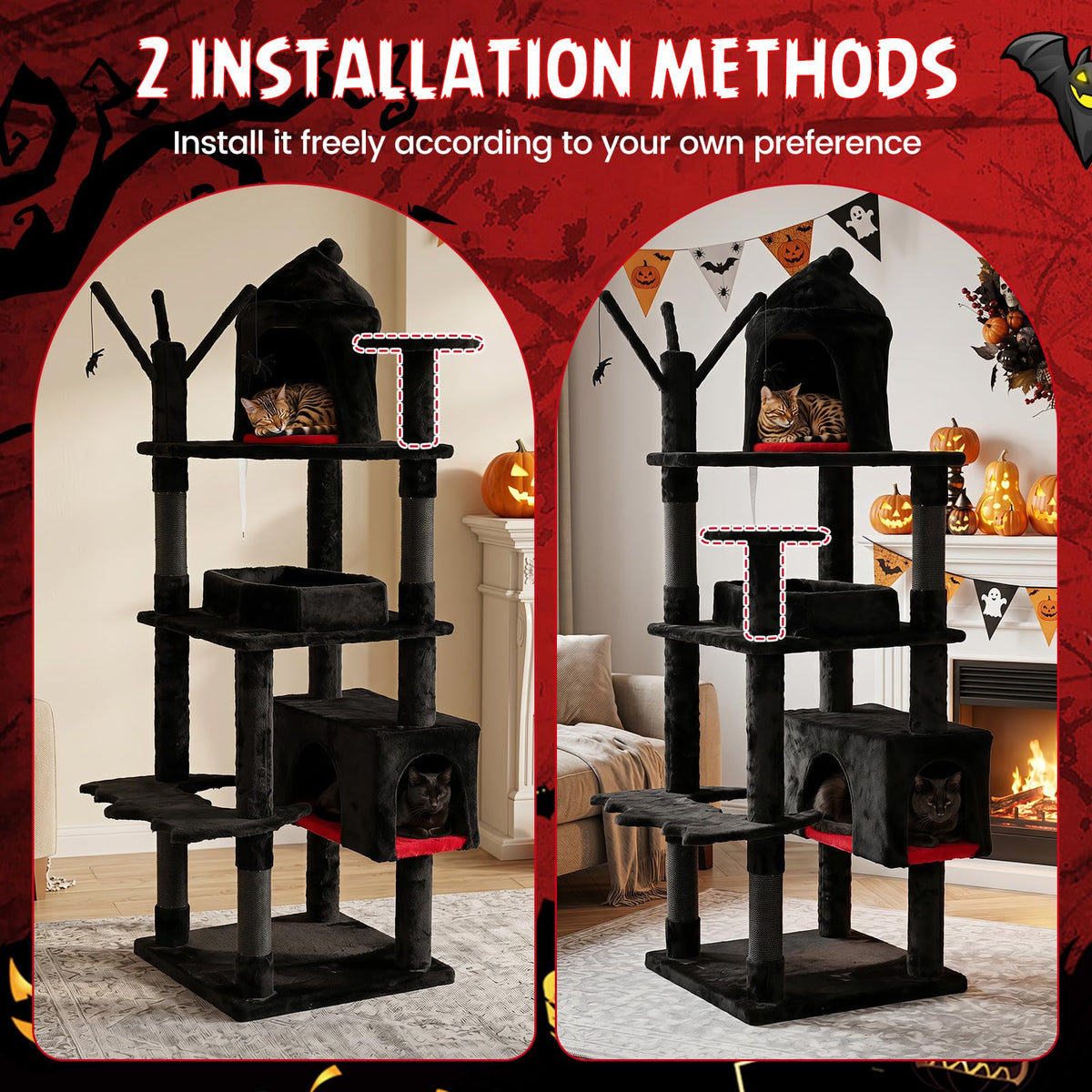 153cm Gothic Cat Tree for Indoor Cats with Castle House and Spider Hanging Balls
