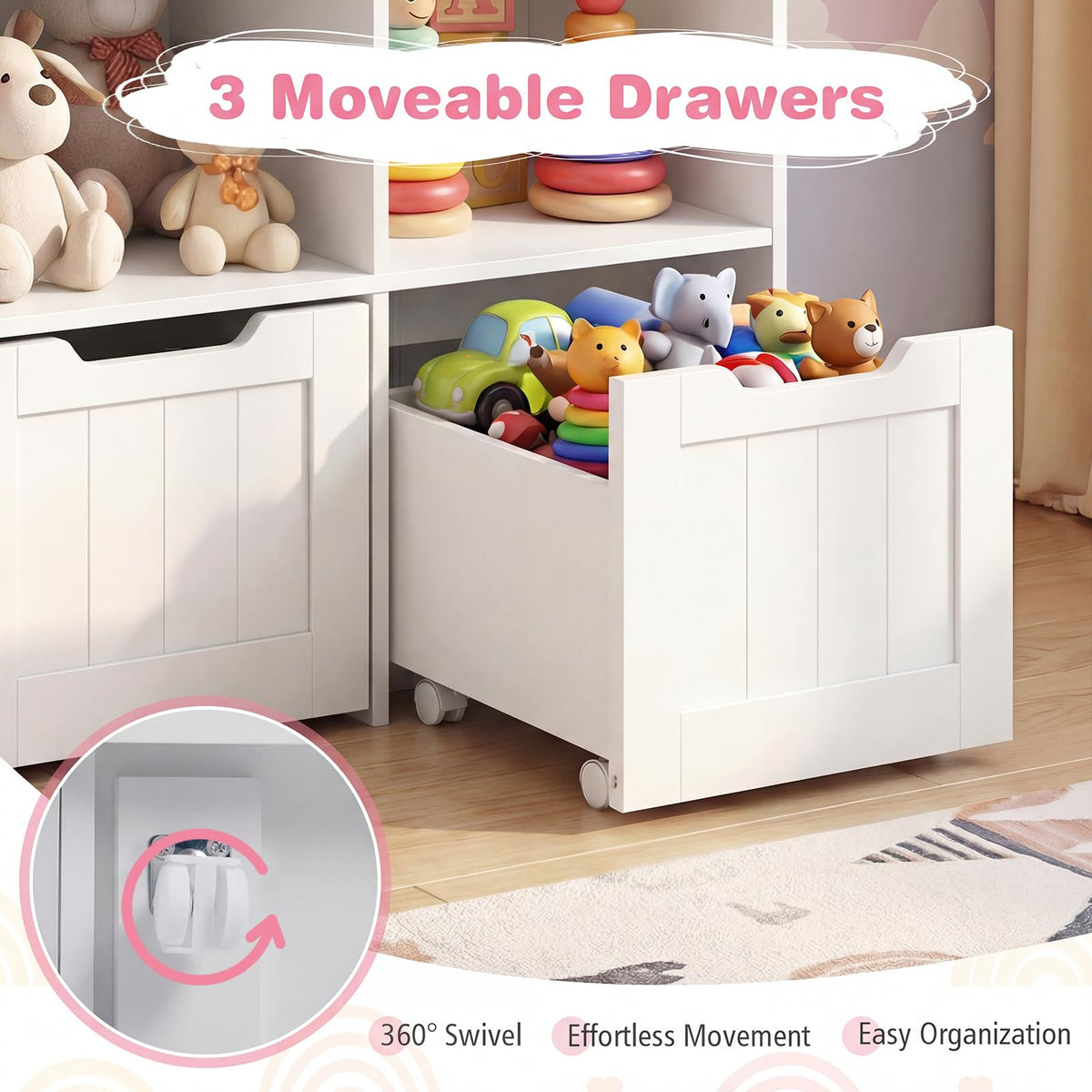Kids Toy Storage Organizer, Children Bookshelf Toy Chest Box w/3 Movable Drawers