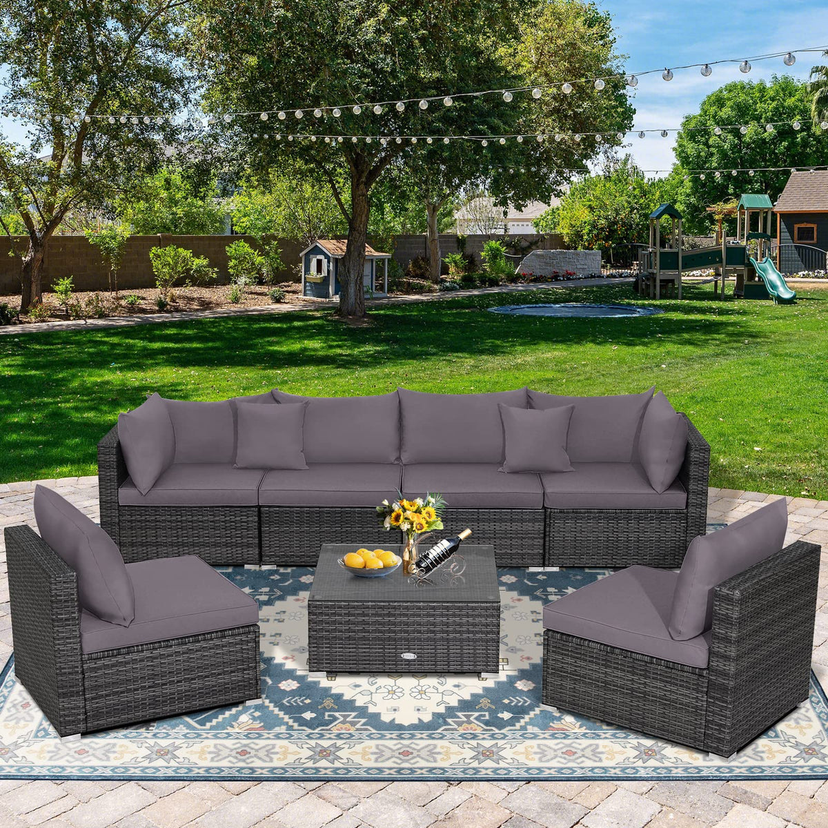 7 Piece Patio Rattan Conversation Set with Seat & Back Cushions for Backyard/Poolside/Balcony
