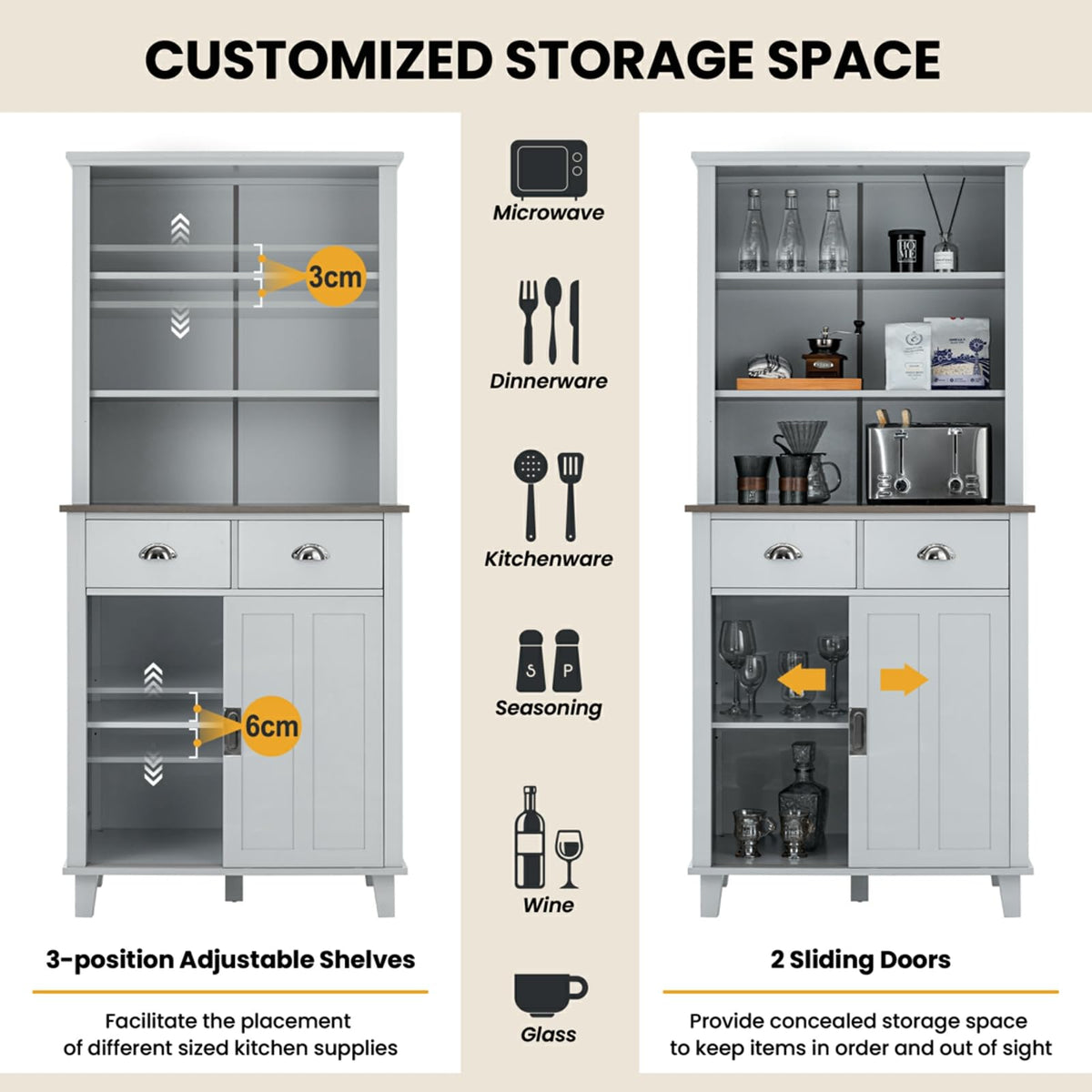 Buffet Cabinet with Hutch Sliding Doors and Drawers for Pantry