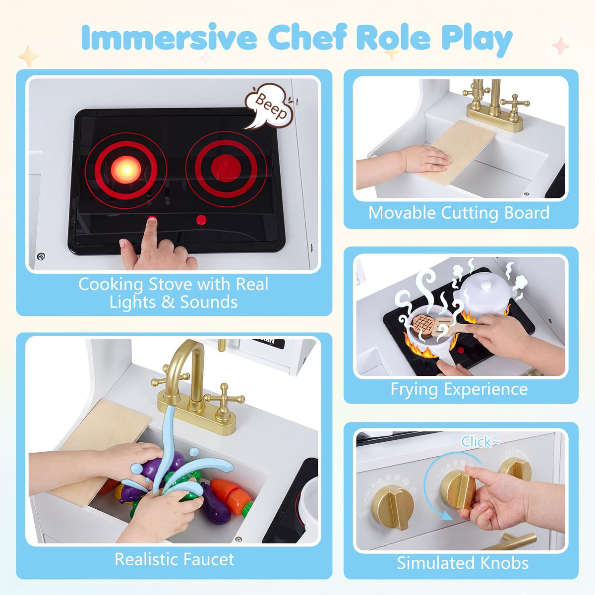 Wooden Play Kitchen with Lights & Sounds and Sink Stove Oven for Kids Ages 3+