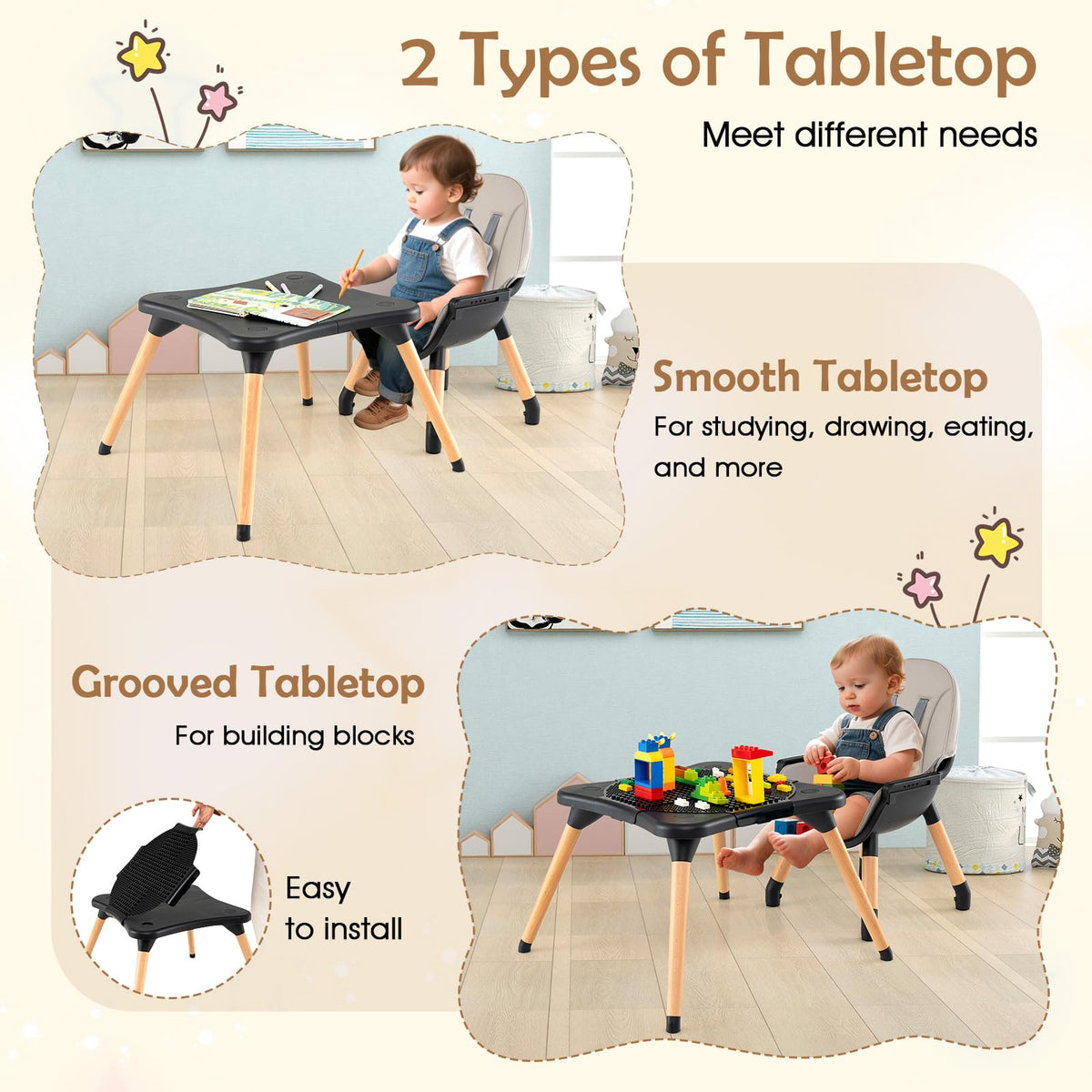 Convertible Table Chair Set w/Building Block Table, Safety Harness, Removable Tray