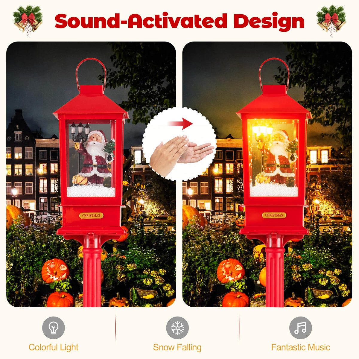 1-Piece Christmas Street Lamp 155cm with Snow Globe and Santa Music for Porch