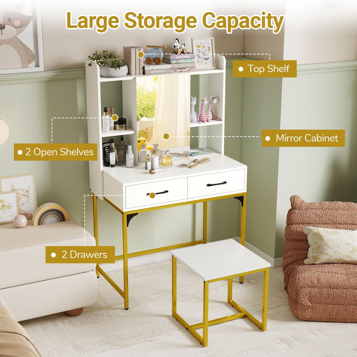80 CM Wide Vanity Desk with Mirror and Stool Power Outlets