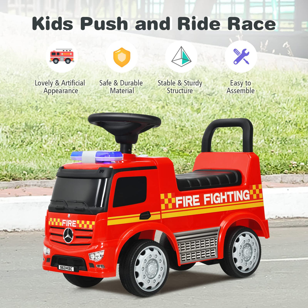 Kids Ride On Car, Benz Licensed Fire Engine w/Storage Space, Steering Wheel, Backrest