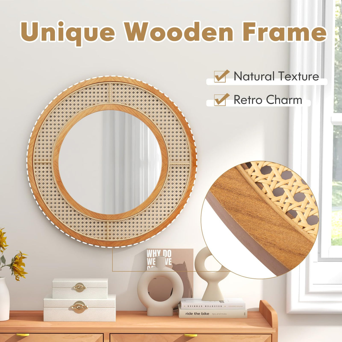 Giantex Rattan Round Wall Mirror, 65cm Wooden Framed Mirror with Aluminum Glass