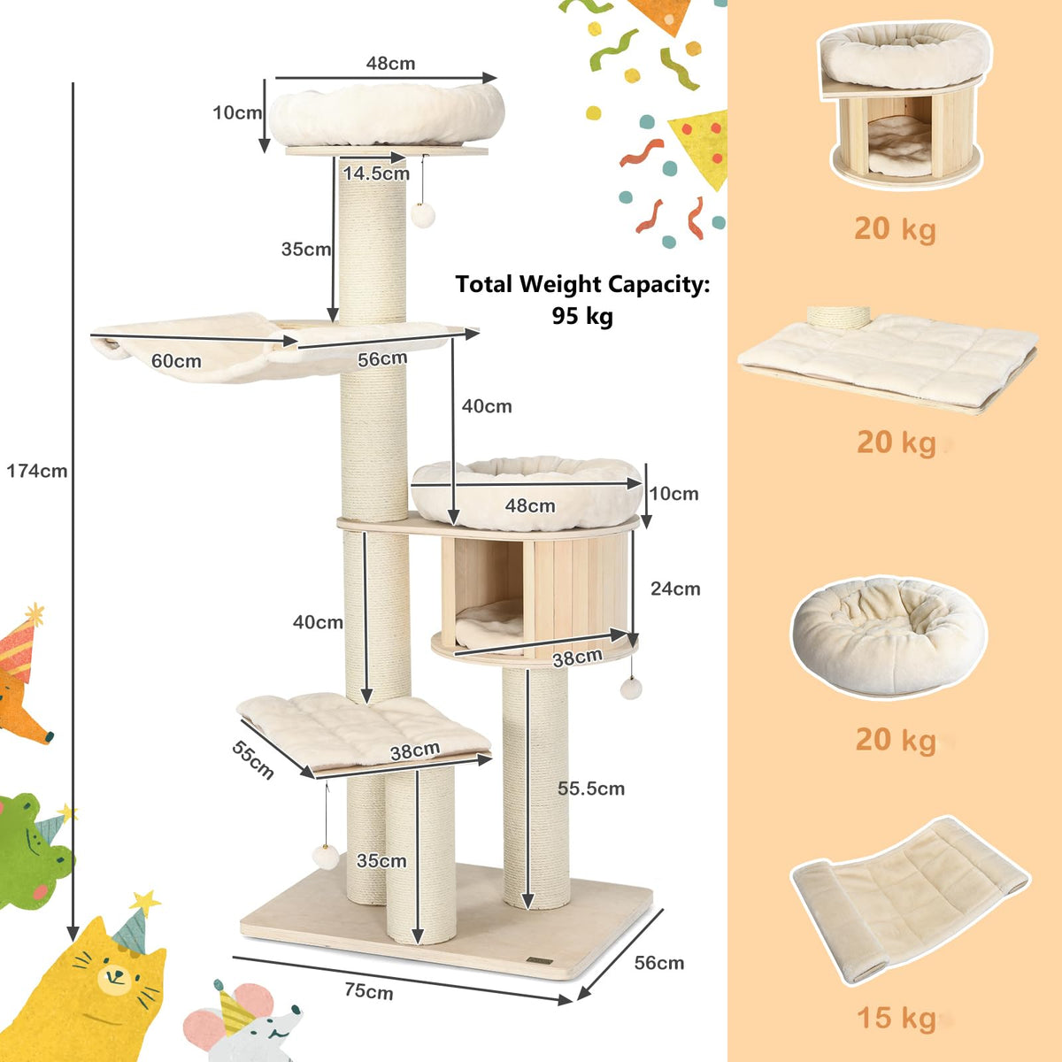 174cm Solid Wood Cat Tree, 4-Layer Cat Tower W/Sisal Scratching Posts, Cat Condo, Top Plush Perch