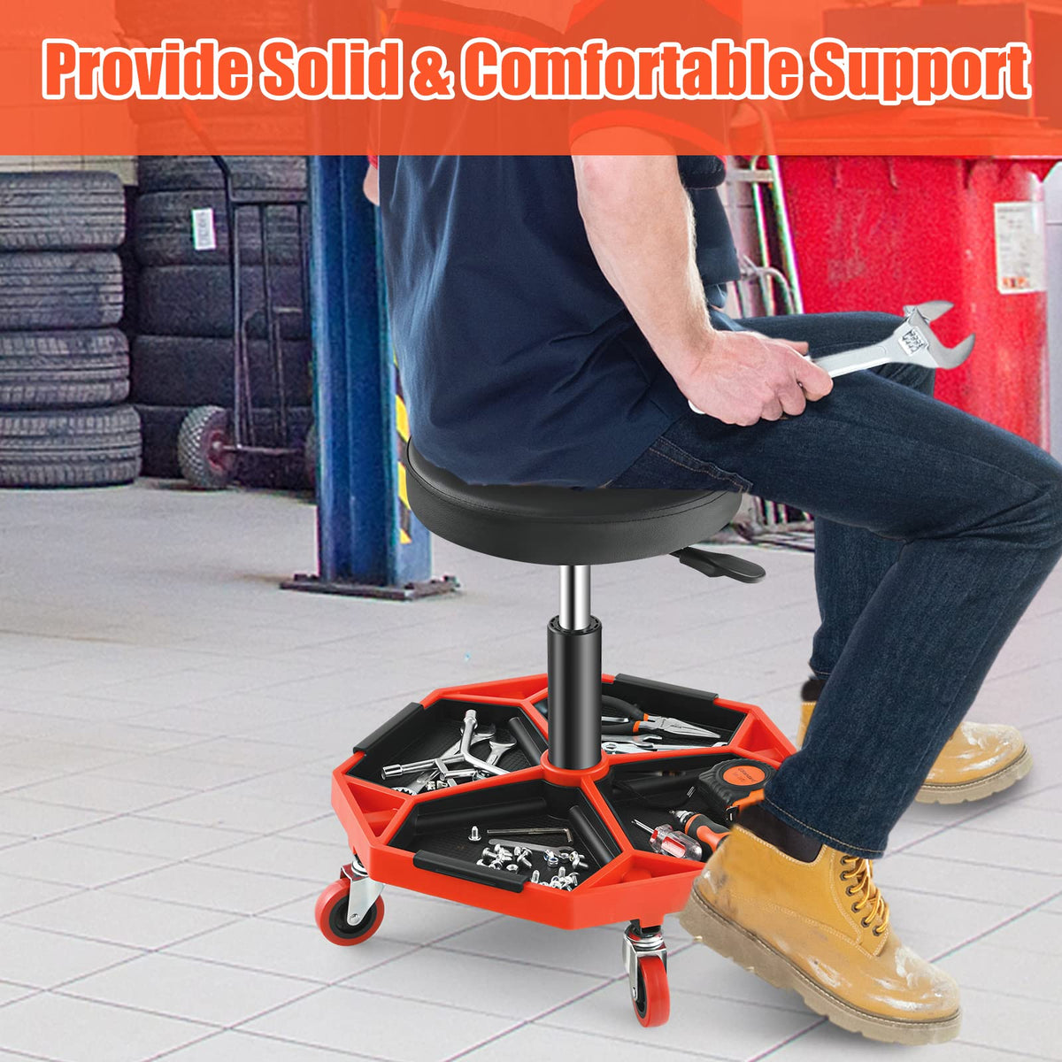 150 kg Capacity Pneumatic Rolling Mechanic Stool, Adjustable Roller Seat with Padded Seat