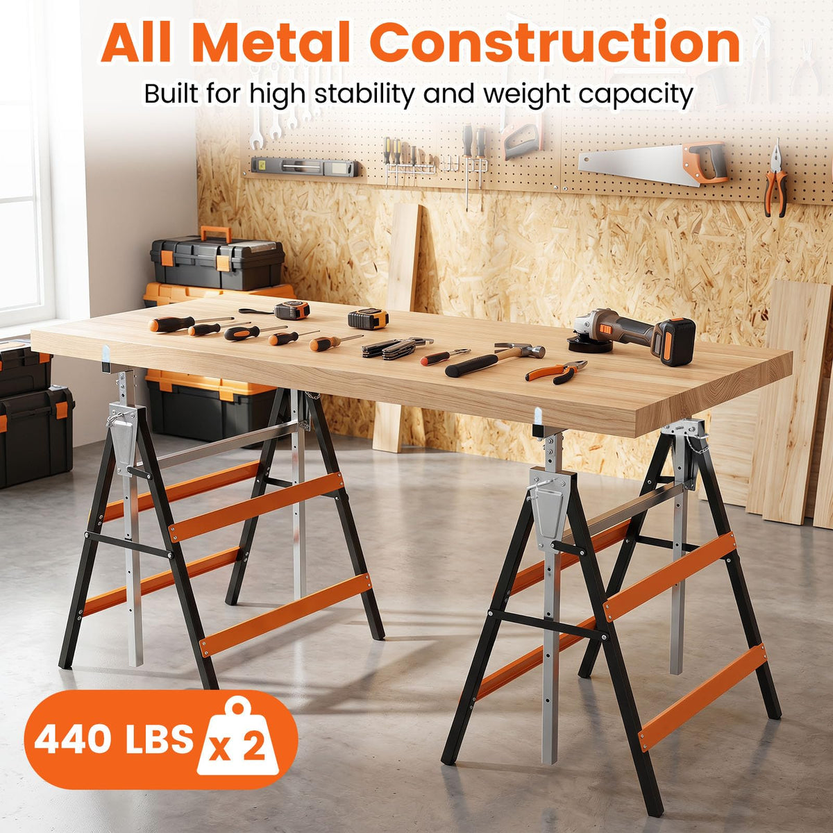 2 Pack Folding Saw Horses, Heavy Duty Metal Adjustable Height Sawhorse Set
