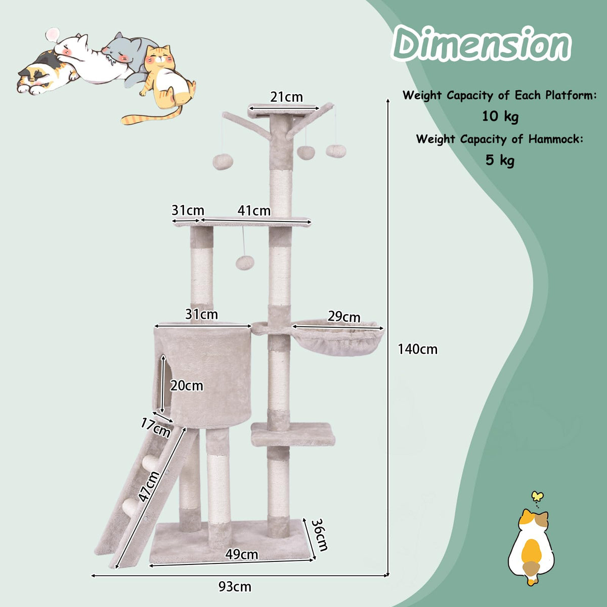 140 CM Cat Tree Kitten Tower with Scratching Post and Ladder Kitten Condo Pet Furniture