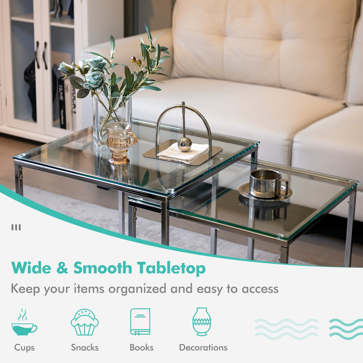 Giantex Nesting Glass Coffee Table Set of 2, Modern Home Coffee Table Set with Tempered Glass Top & Metal Frame