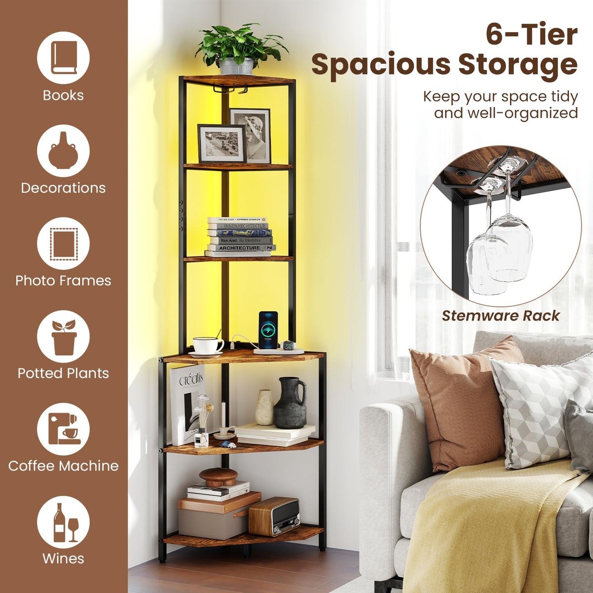 Giantex 6-Tier Corner Shelf with Charging Station