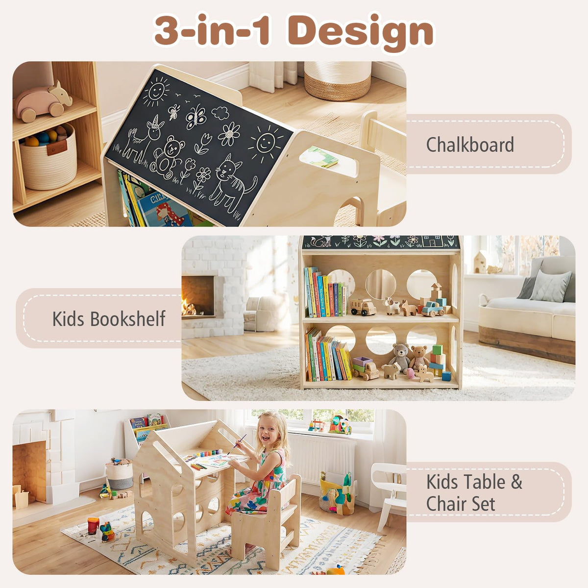 3-in-1 Toddler Art Table Set with 2 Bookshelves and Chalkboard for Painting and Crafting