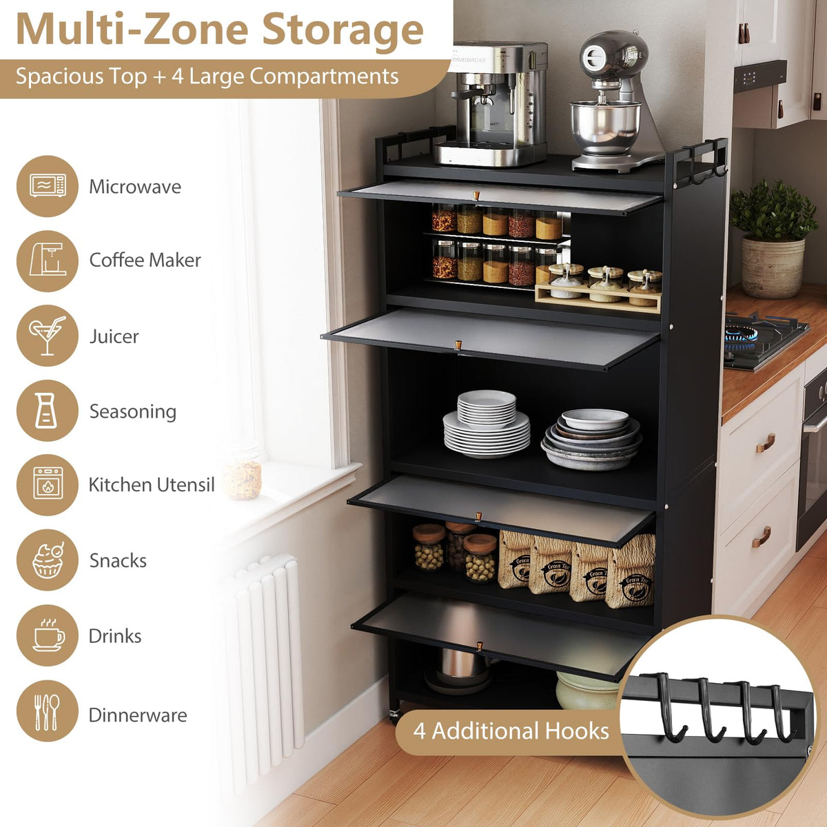 1.6 m Tall Freestanding Metal Pantry with 4 Flip-up Doors and 5-Tier