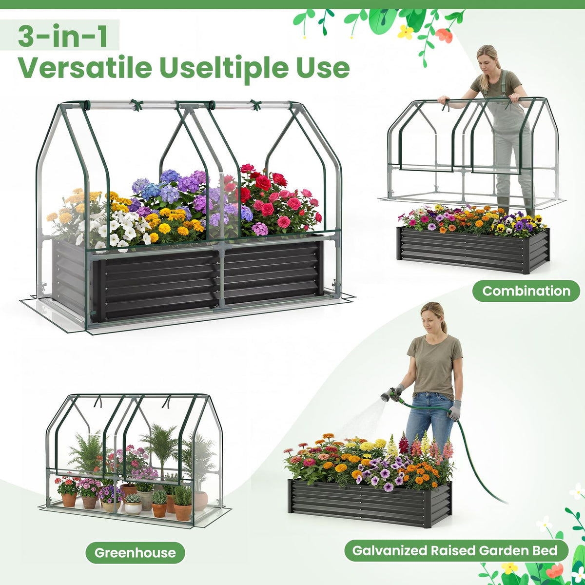 120x30x60 cm Raised Garden Bed with Greenhouse Cover and Windows