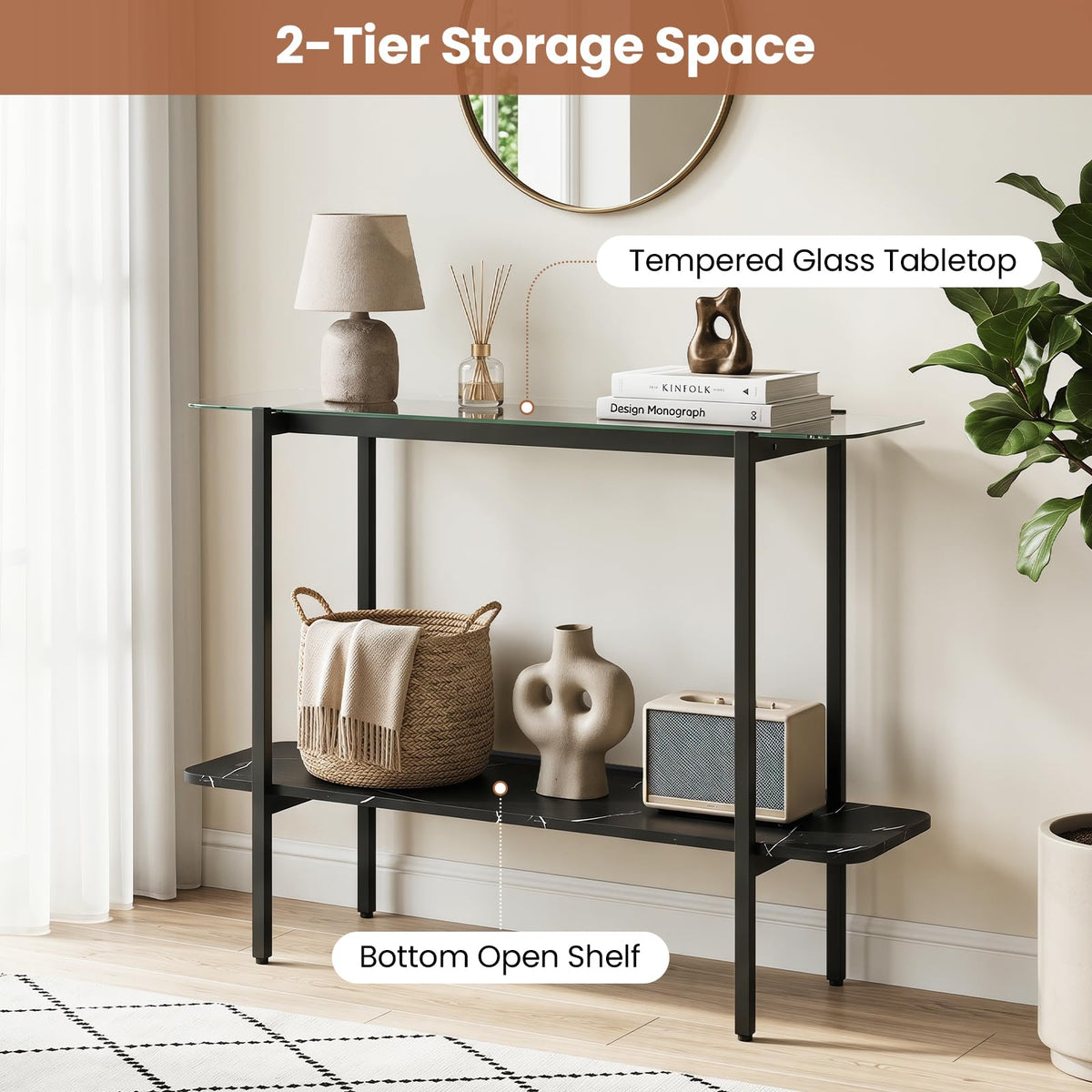 100cm Console Table with Storage Shelf and Tempered Glass Top for Hallway