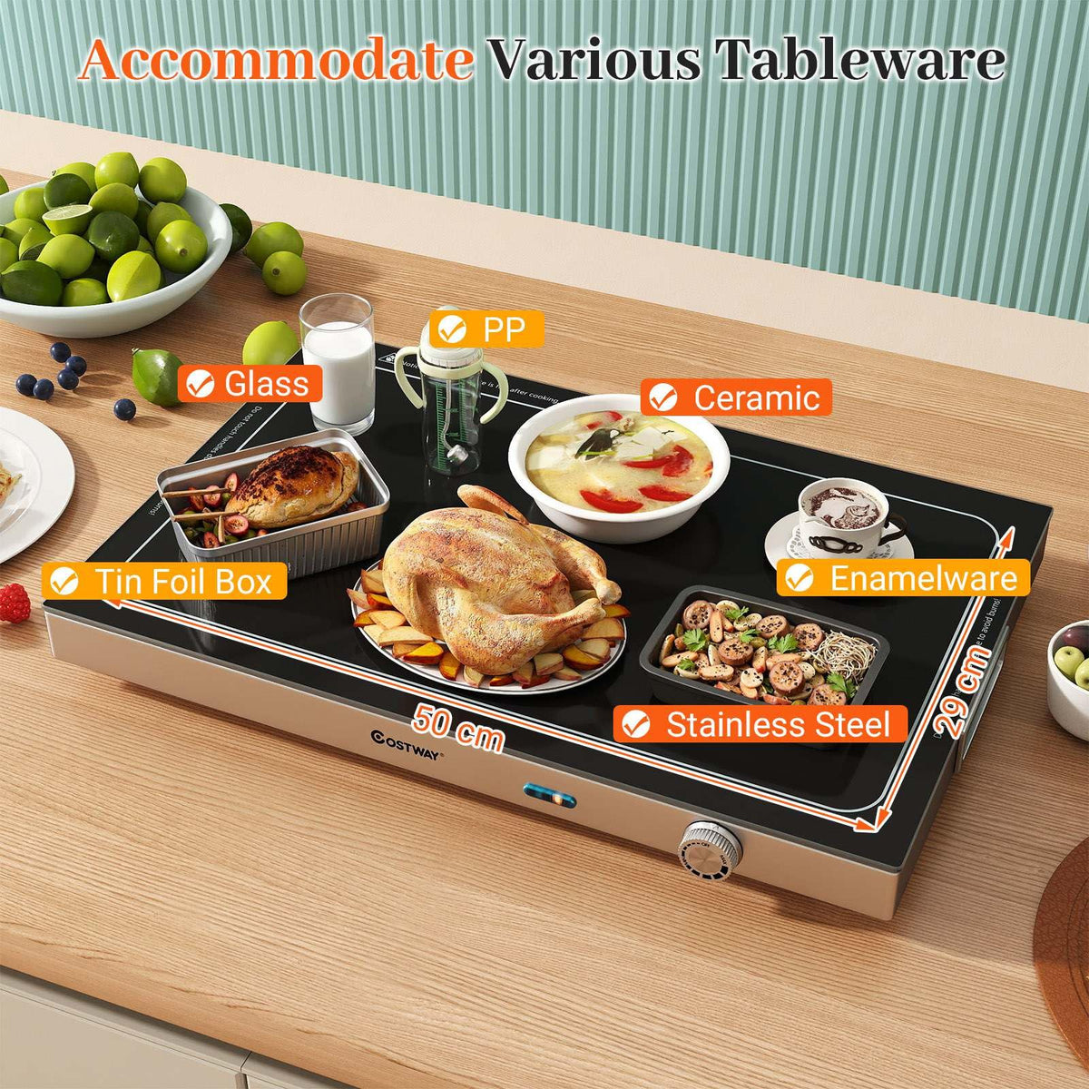 Electric Warming Tray with Adjustable Temperature Tempered Glass Top Food Warmer