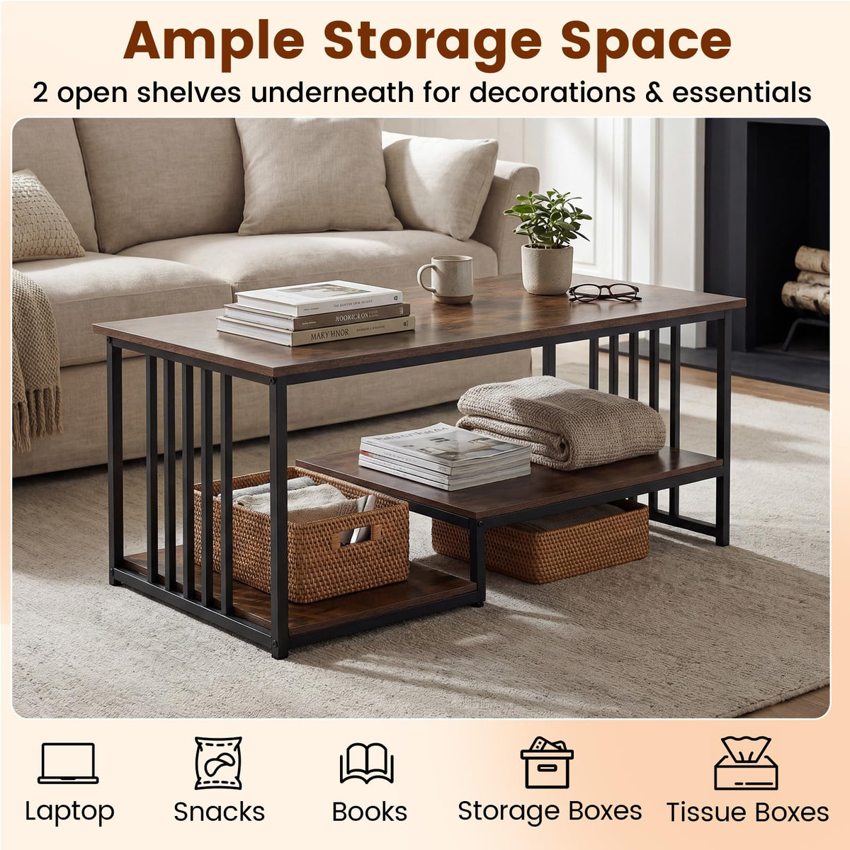 Industrial Coffee Table Rectangular 2-Tier with Open Shelf for Living Room