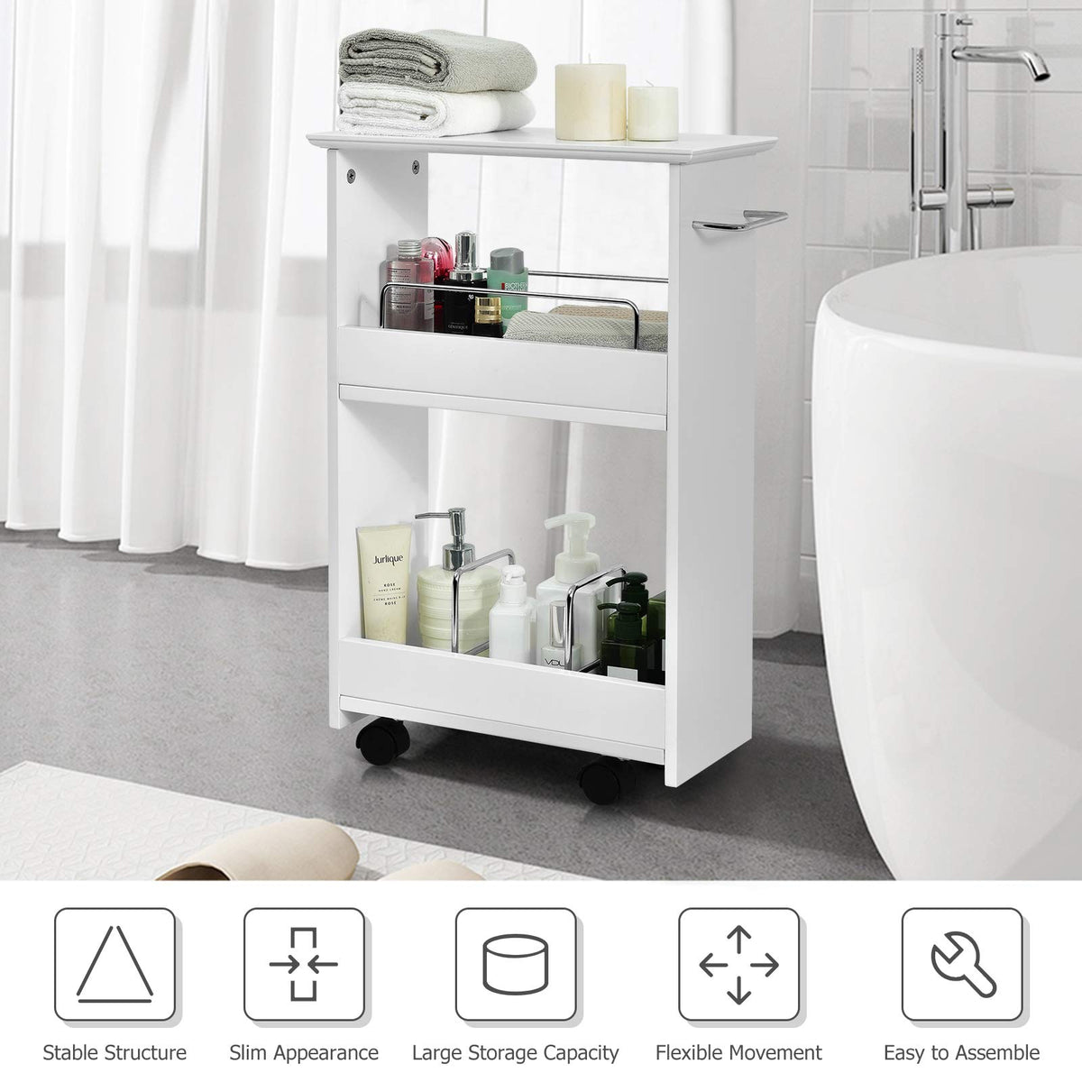Giantex 2-Tier Slim Storage Cart, Bathroom Rolling Utility Cart with Shelves, Mobile Shelving Unit Organizer