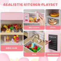 Kids Kitchen Playset, Wooden Pretend Play Kitchen w/Ice Maker, Range Hood, Blackboard