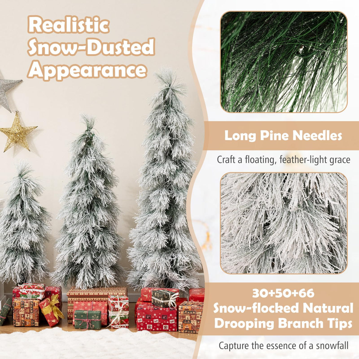 90&120&150 cm Artificial Christmas Tree Set of 3, Pre-lit Xmas Trees w/Snow-Flocked Branch Tips