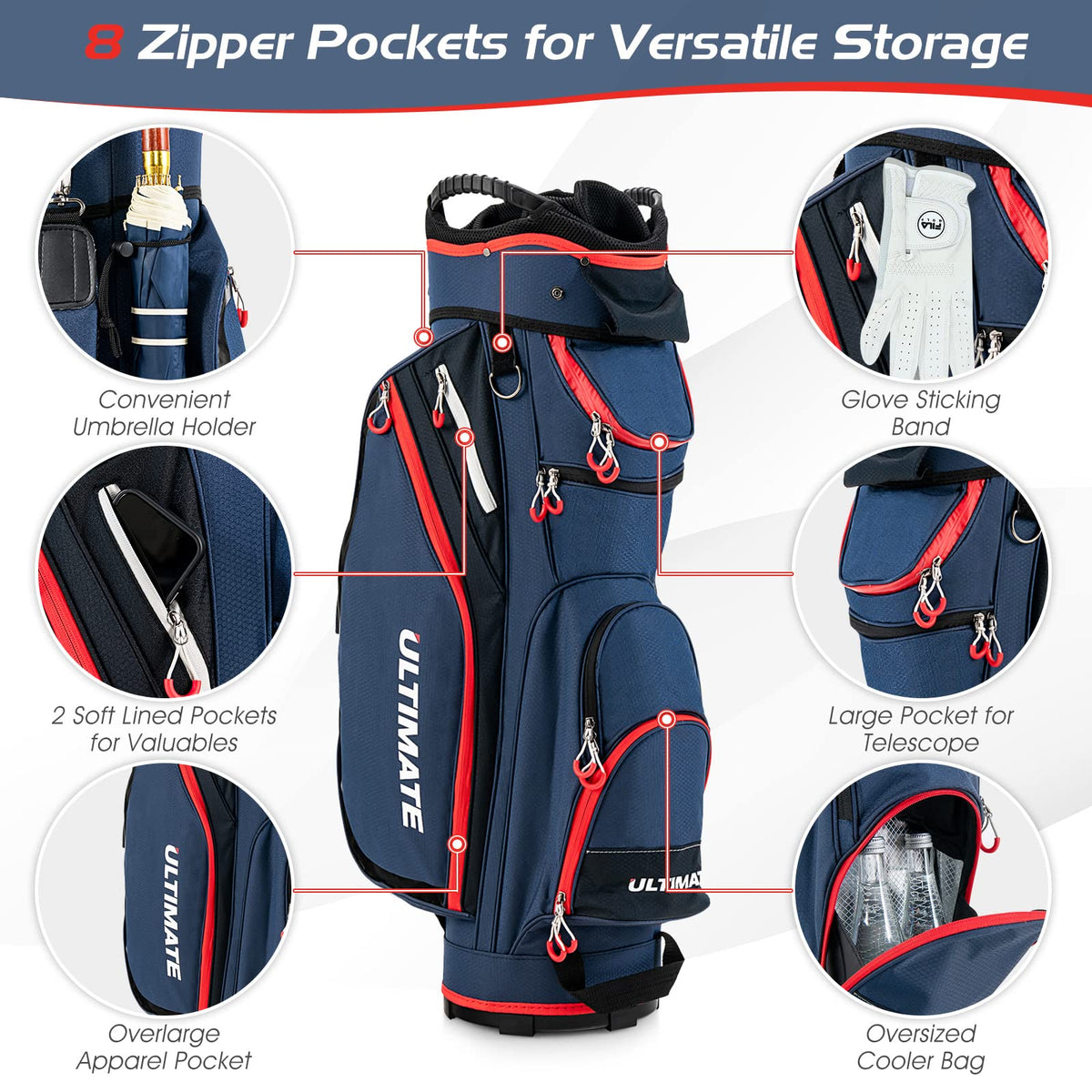 Golf Cart Bag, Lightweight & Portable Golf Club Bag w/ 14-Way Dividers & 8 Zippered Pockets Including Cooler Bag & Waterproof Pockets