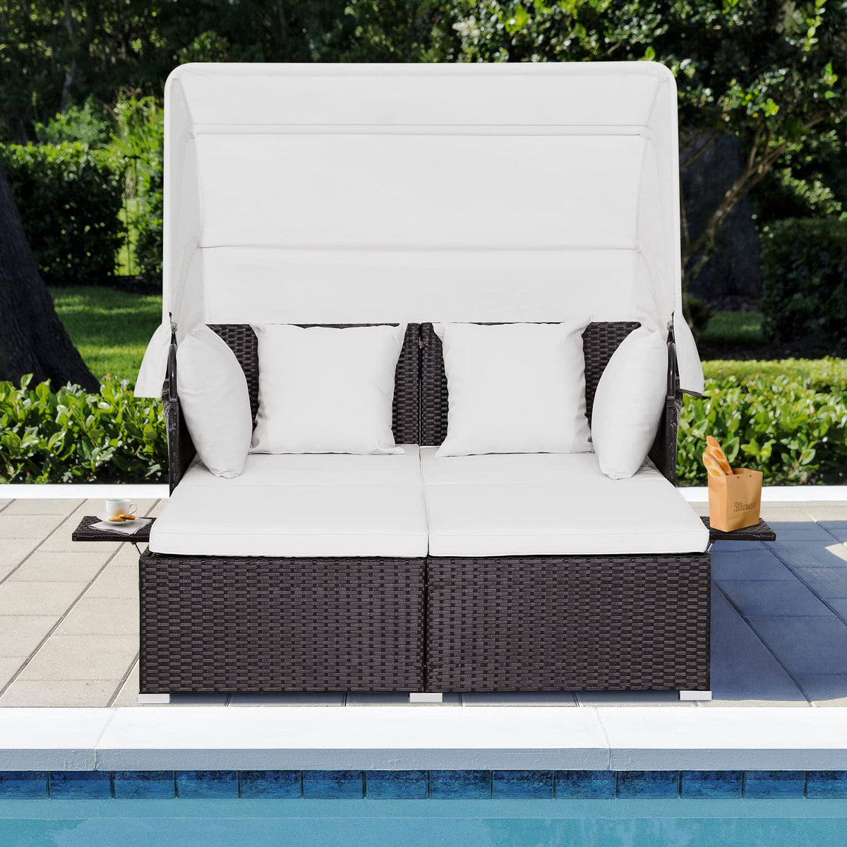 Outdoor Rattan Daybed W/Retractable Canopy, Washable Cushion & Pillow
