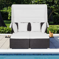 Outdoor Rattan Daybed W/Retractable Canopy, Washable Cushion & Pillow