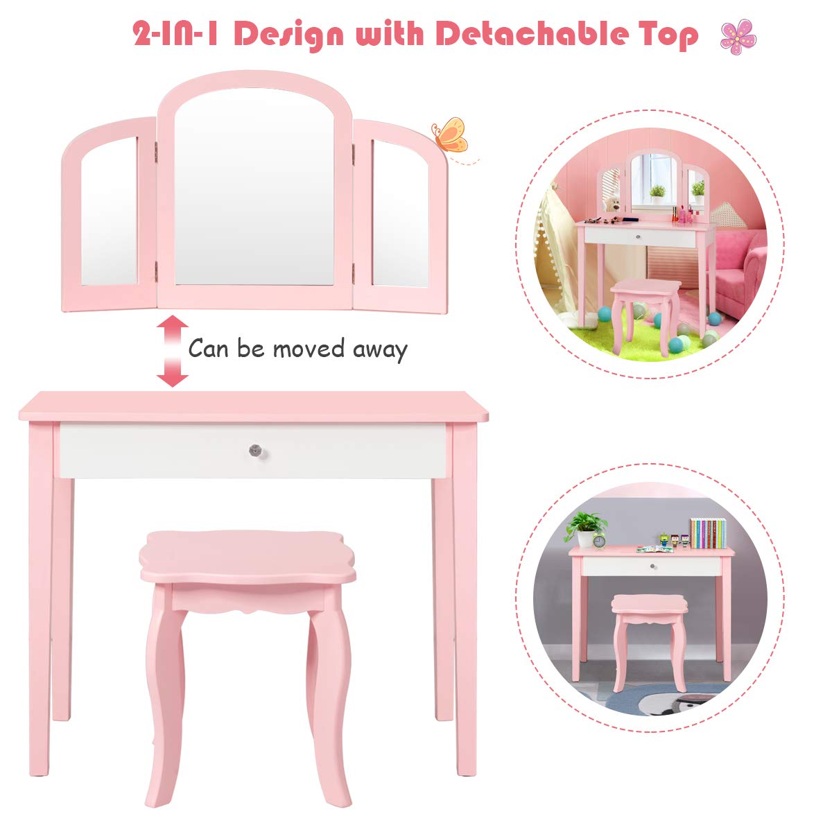 Kids Vanity Table and Chair Set, Princess Makeup Dressing Table with Drawer & Tri-Folding Mirror