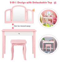 Kids Vanity Table and Chair Set, Princess Makeup Dressing Table with Drawer & Tri-Folding Mirror