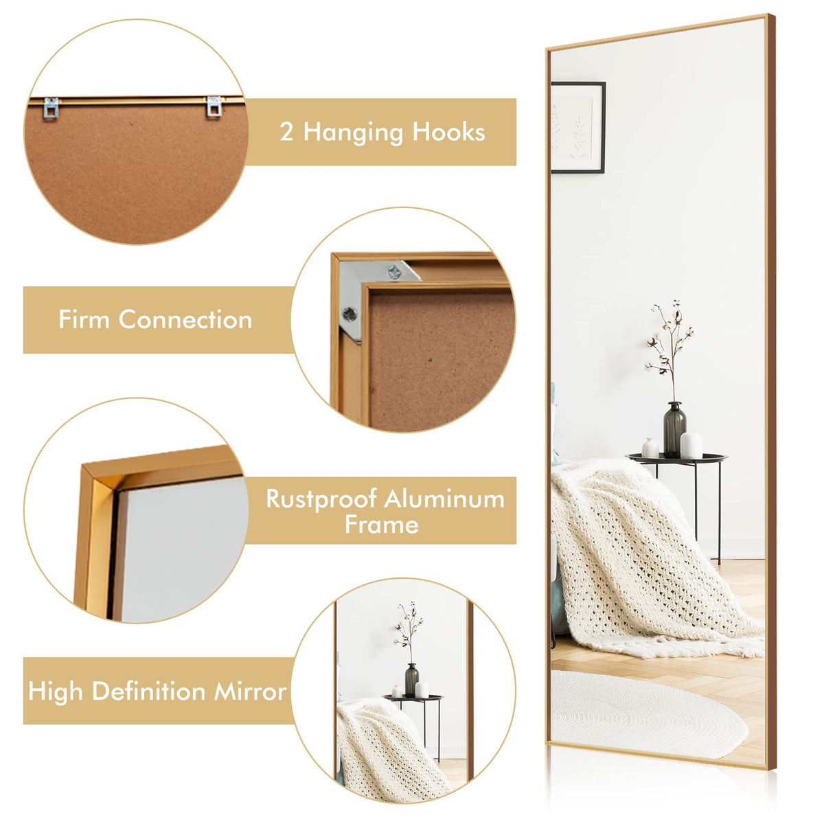 GIANTEX Full Length Mirror, 150x56cm, Full Body Mirror w/ Aluminum Frame & Explosion-Proof Glass (Gold)