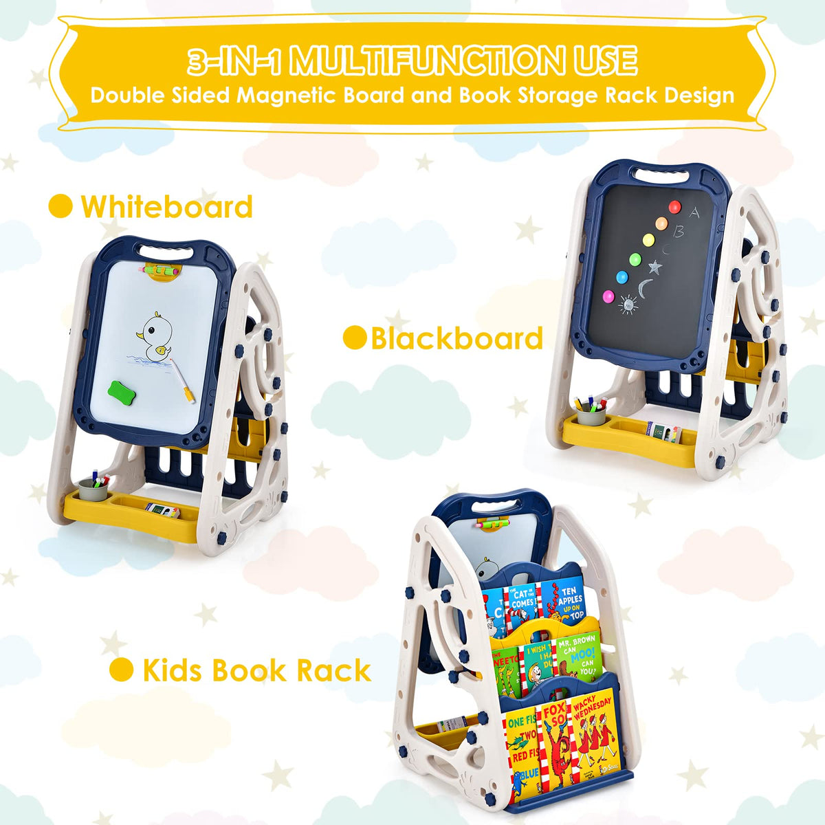 3 in 1 Kids Art Easel, Double Sided Whiteboard & Chalkboard