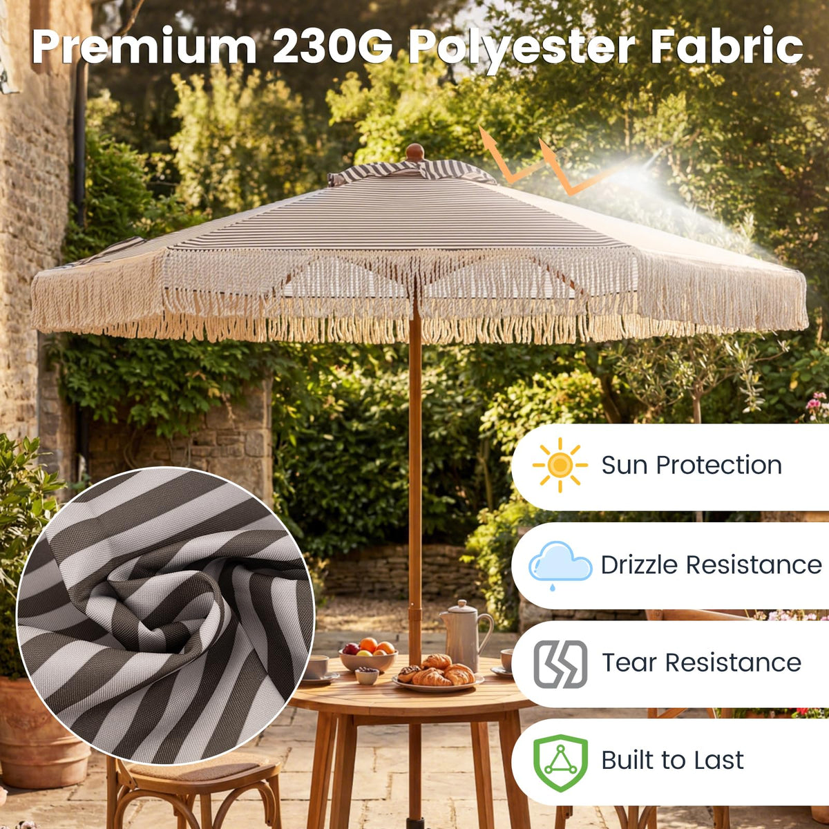 2.1m Patio Umbrella with Fringe Sun-Protective Polyester Canopy