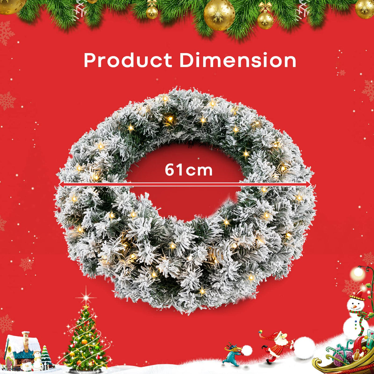 61CM Flocked Christmas Wreath with Timer for Front Door