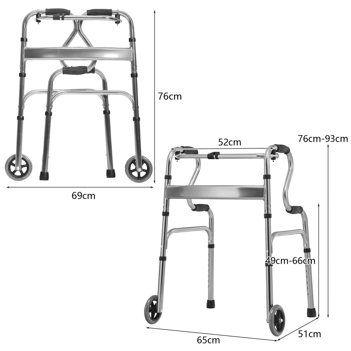 200KG Weight Capacity Aluminum Alloy Adult Walker w/ Unidirectional Wheels & Bi-Level Armrests