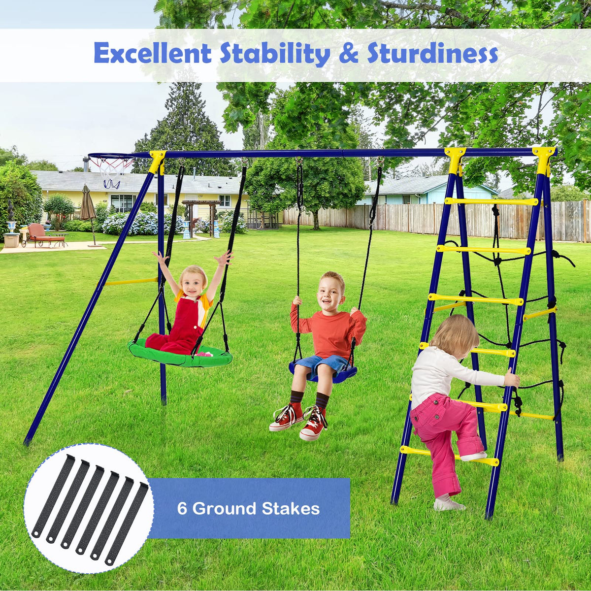5-in-1 Outdoor Backyard Kids Swing Set with A-Shaped Metal Frame