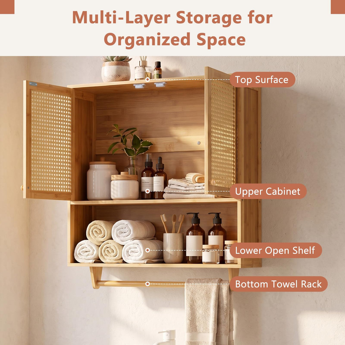 Bamboo Bathroom Wall Cabinet with Towel Rack and Rattan for Bathroom