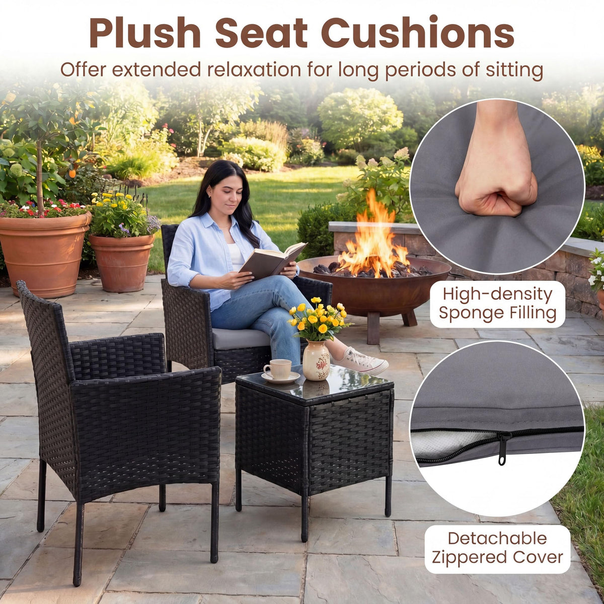 PE Rattan 3-Piece Patio Bistro Set with Tempered Glass Table