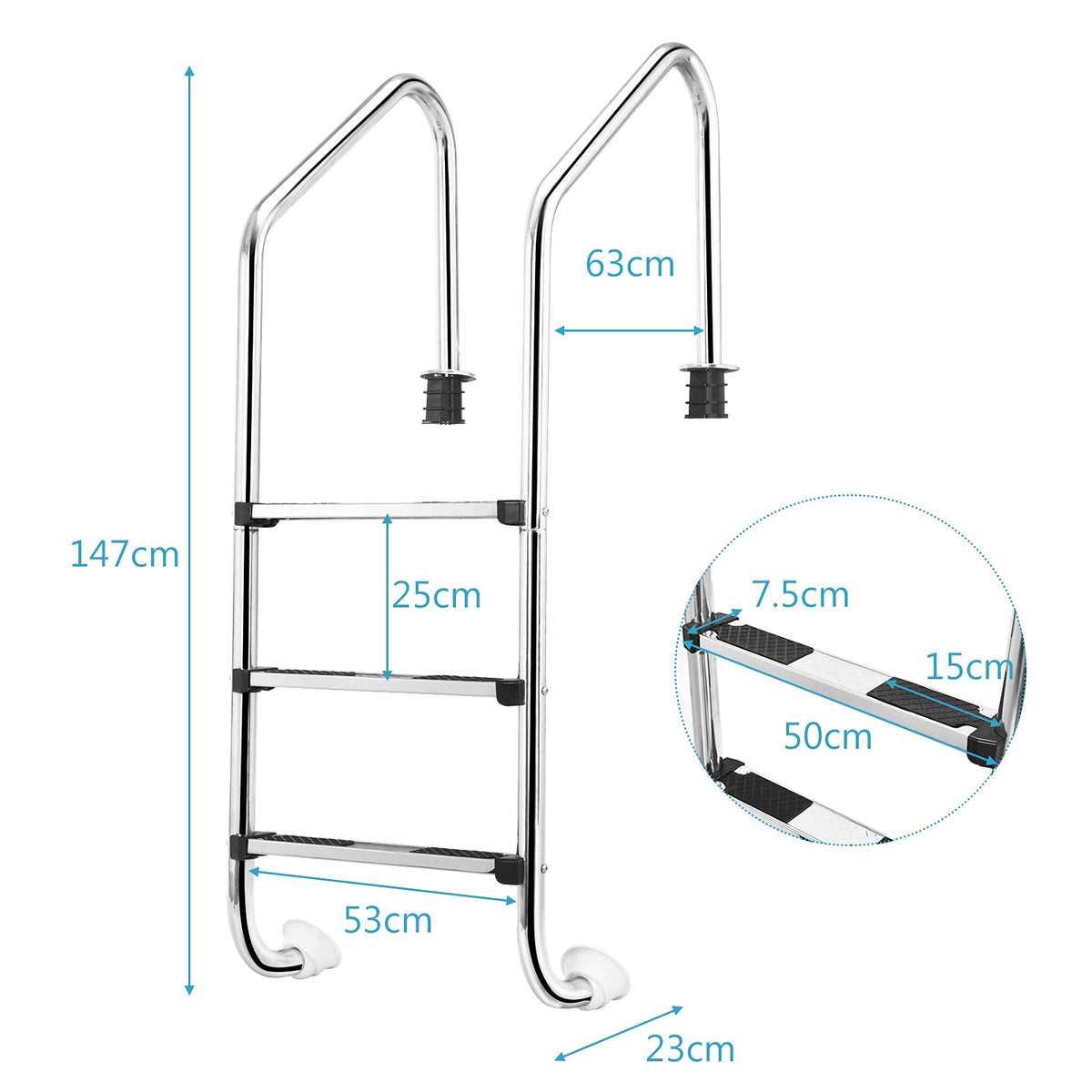 3-Step Split Stainless Steel Pool Ladder, Heavy Duty Steel Ladder for In Ground Pools