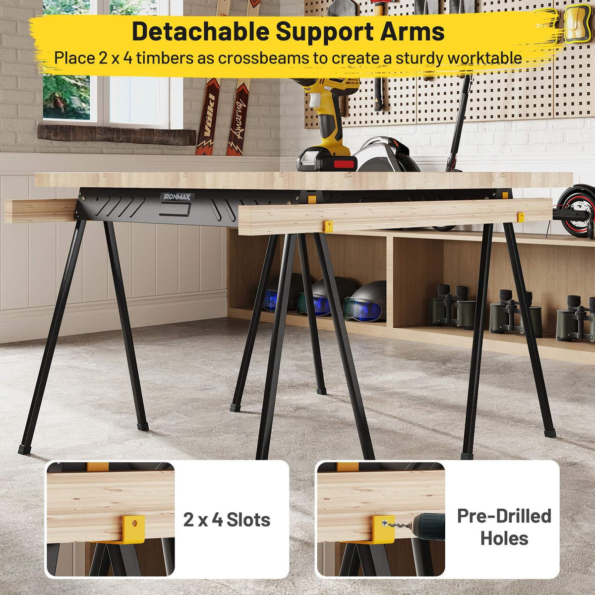 2-Pack Folding Sawhorses, Heavy-Duty Metal Saw Horses w/ 2 x 4 Supporting Arms