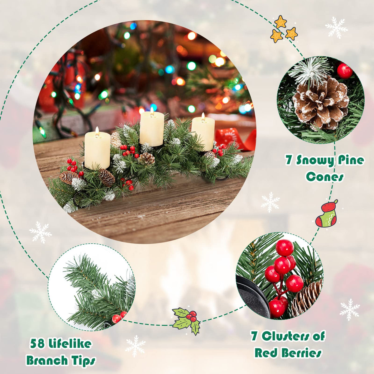 Artificial Christmas Tabletop Centerpiece with 3 Candle Holders